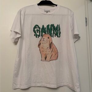 Ganni White Tee with Bunny and Green Logo - XL